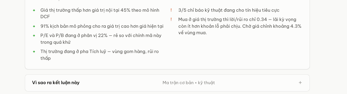 Hai cột: điểm ủng hộ bên trái, điểm cần lưu ý bên phải